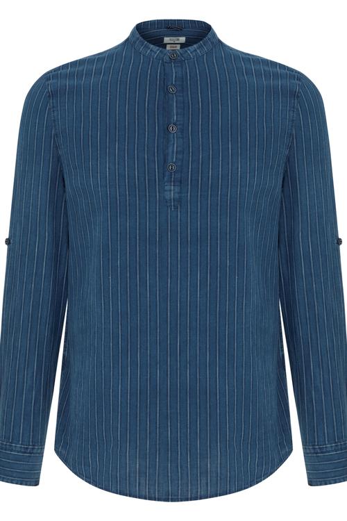  KETEN KARIŞIMLI HAKİM YAKA REGULAR FIT ÇİZGİLİ GÖMLEK