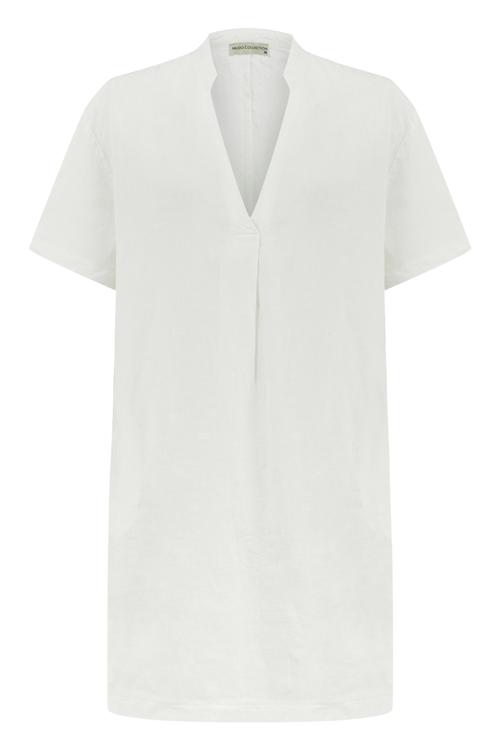  V YAKA OVERSIZE MİDİ KETEN ELBİSE