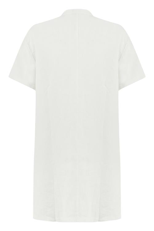  V YAKA OVERSIZE MİDİ KETEN ELBİSE