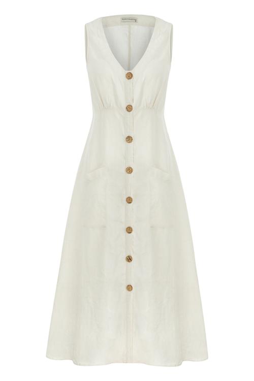  DÜĞMELİ MİDİ KETEN ELBİSE