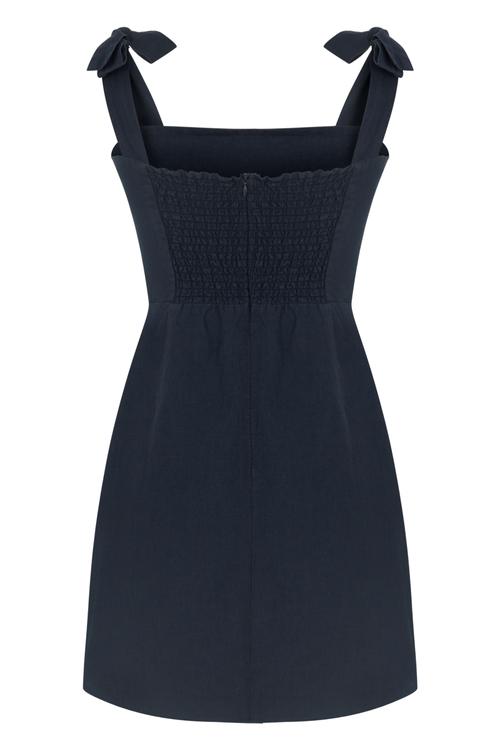  KARE YAKA ASKILI MİNİ KETEN ELBİSE