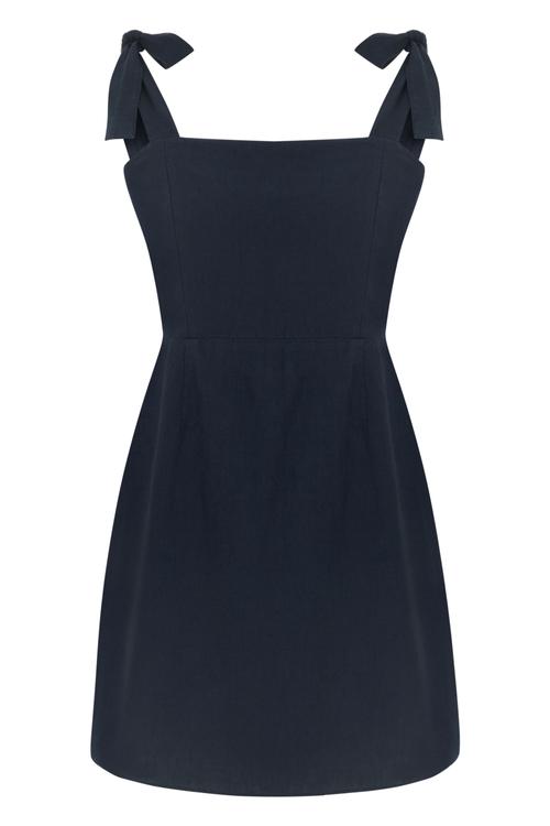  KARE YAKA ASKILI MİNİ KETEN ELBİSE