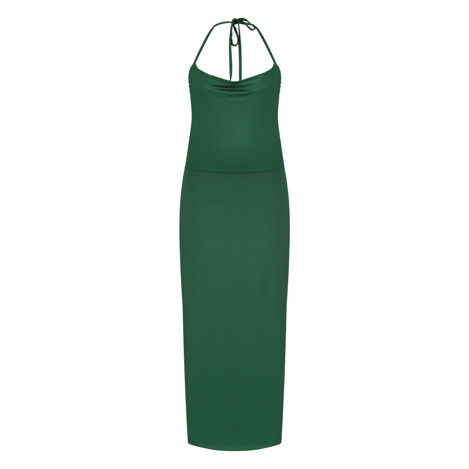 DEGAJE YAKA BOYUNDAN BAĞLAMALI DAR KESİM MİDİ ELBİSE