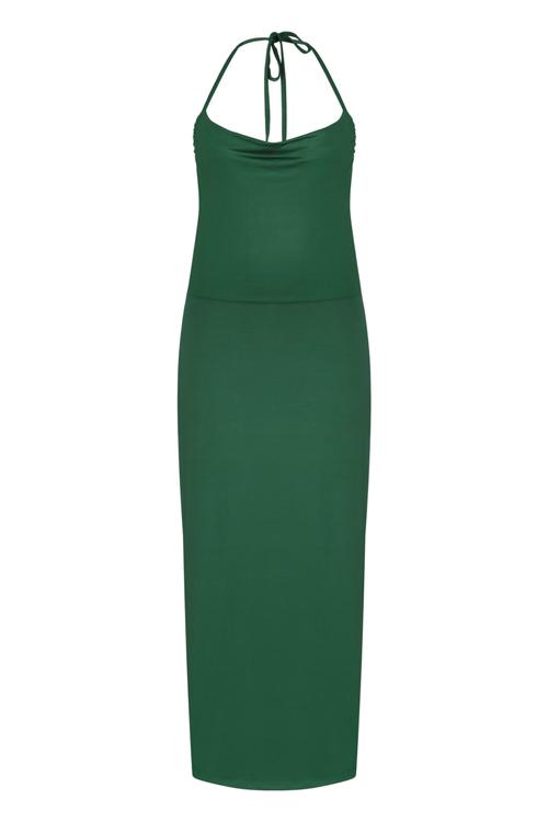  DEGAJE YAKA BOYUNDAN BAĞLAMALI DAR KESİM MİDİ ELBİSE