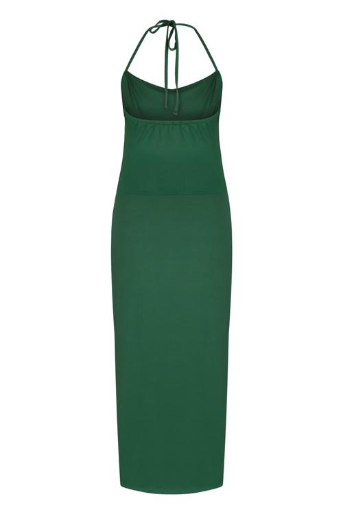  DEGAJE YAKA BOYUNDAN BAĞLAMALI DAR KESİM MİDİ ELBİSE