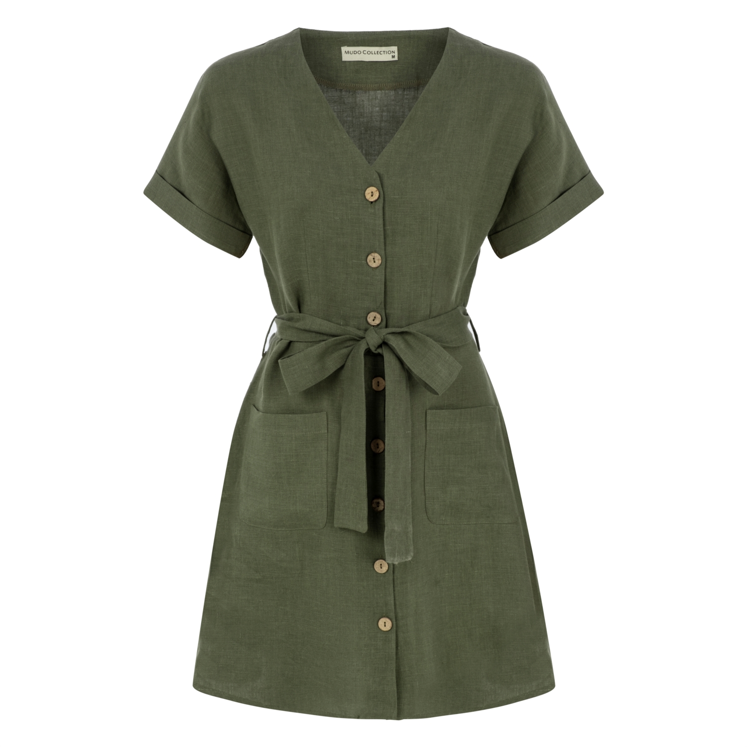 BELİ KUŞAKLI KISA KOLLU KETEN GÖMLEK ELBİSE