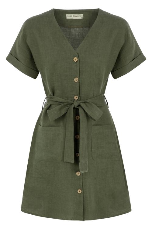  BELİ KUŞAKLI KISA KOLLU KETEN GÖMLEK ELBİSE