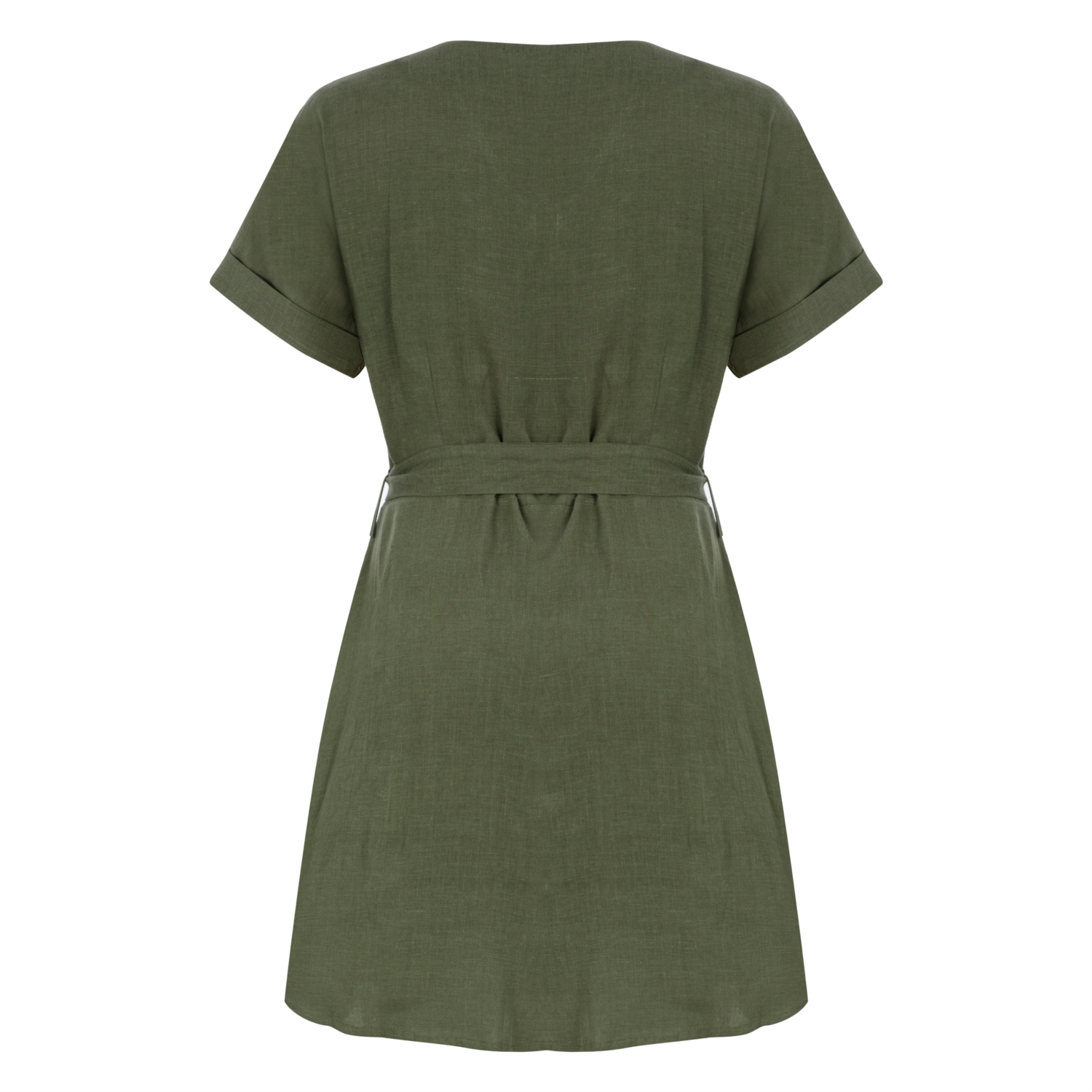 BELİ KUŞAKLI KISA KOLLU KETEN GÖMLEK ELBİSE