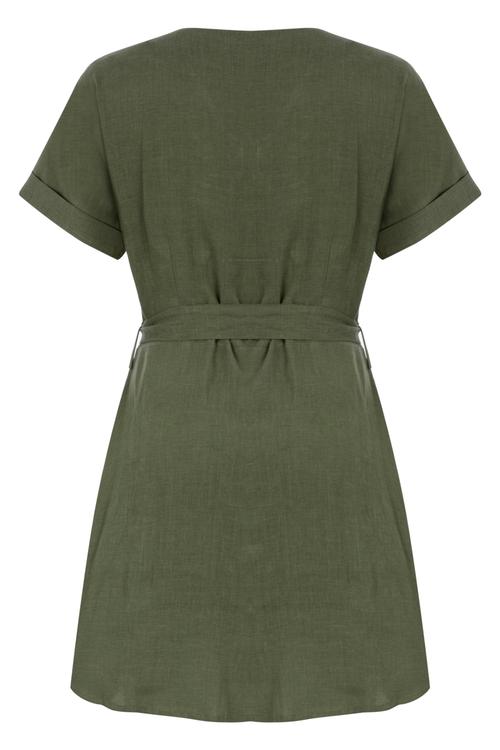  BELİ KUŞAKLI KISA KOLLU KETEN GÖMLEK ELBİSE