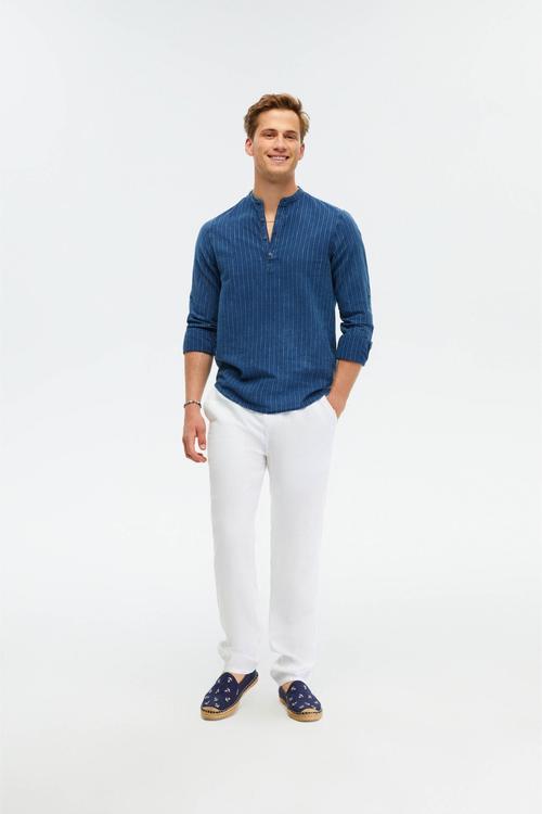  KETEN KARIŞIMLI HAKİM YAKA REGULAR FIT ÇİZGİLİ GÖMLEK