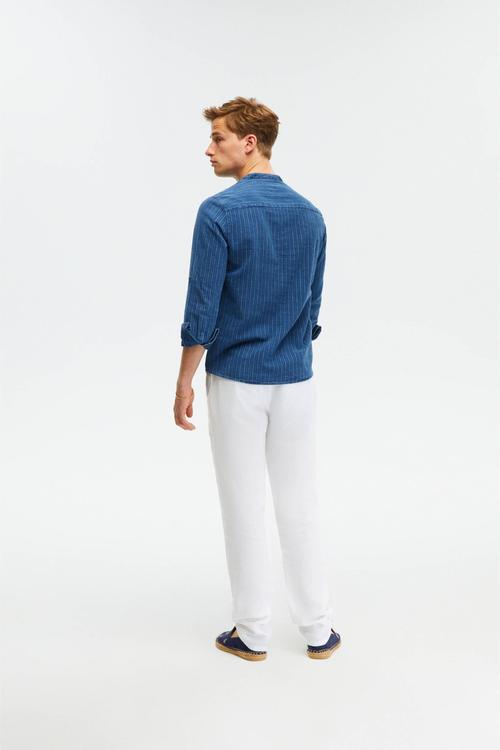  KETEN KARIŞIMLI HAKİM YAKA REGULAR FIT ÇİZGİLİ GÖMLEK