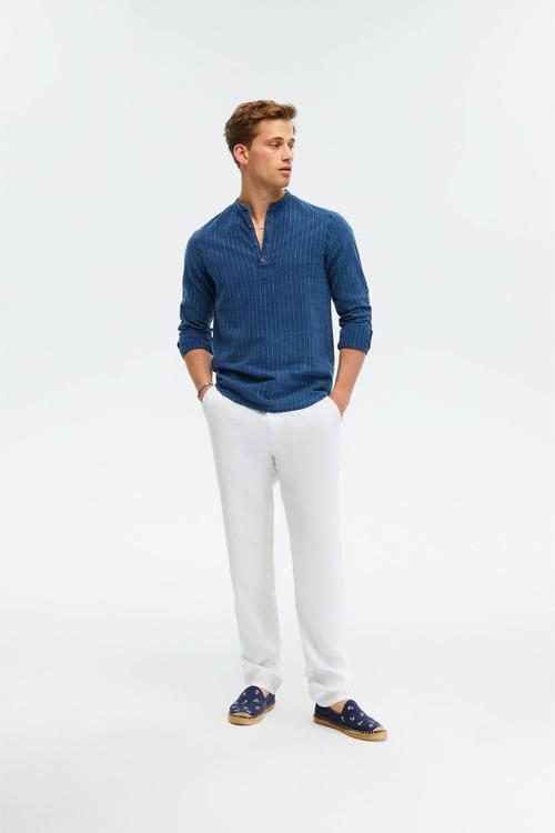  KETEN KARIŞIMLI HAKİM YAKA REGULAR FIT ÇİZGİLİ GÖMLEK