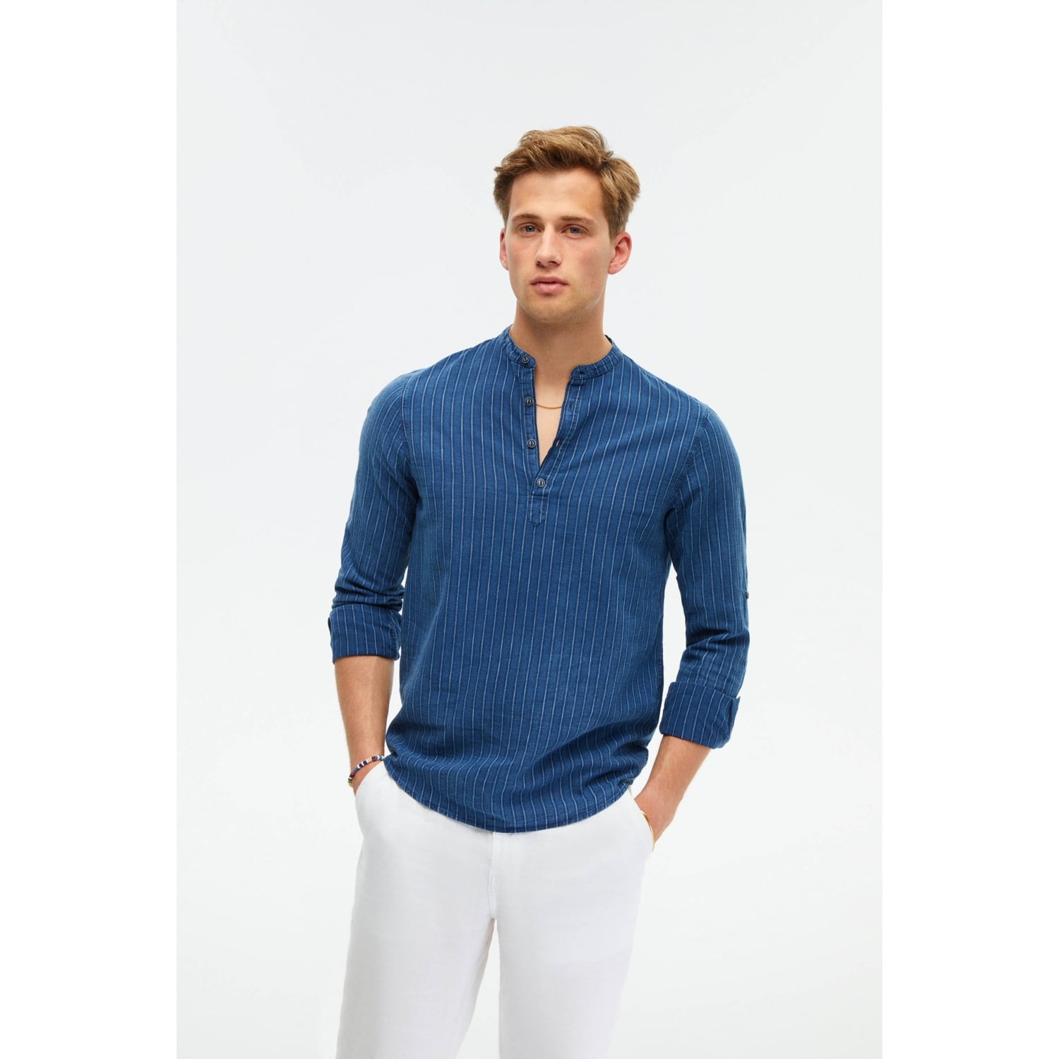 KETEN KARIŞIMLI HAKİM YAKA REGULAR FIT ÇİZGİLİ GÖMLEK