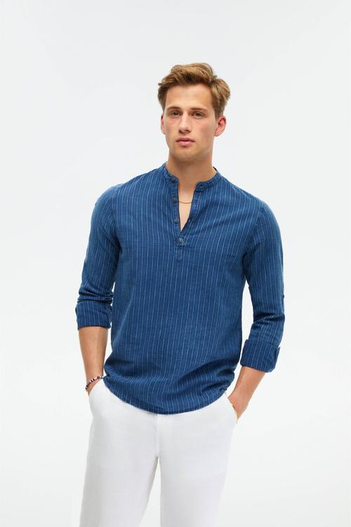  KETEN KARIŞIMLI HAKİM YAKA REGULAR FIT ÇİZGİLİ GÖMLEK