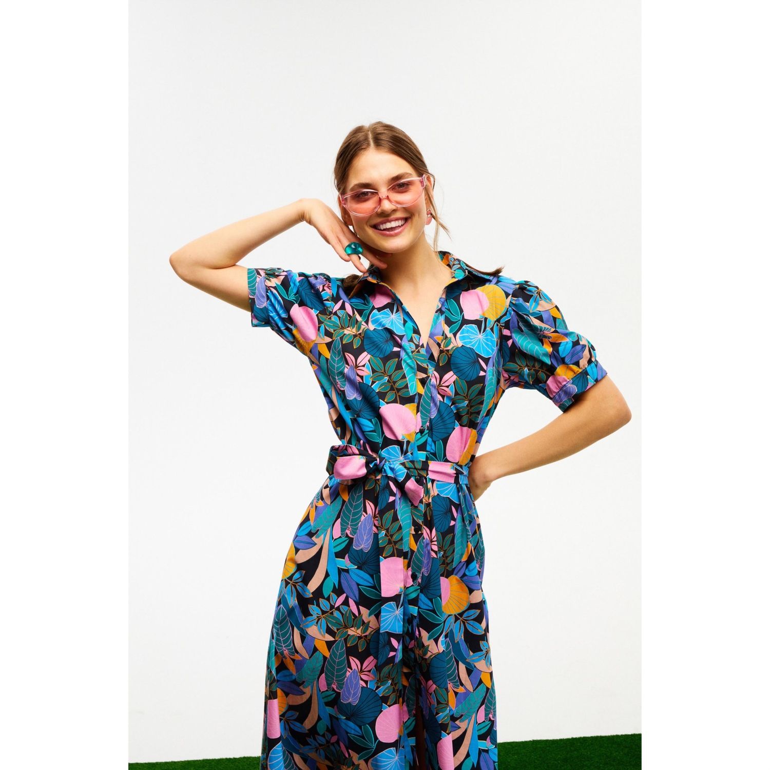 ÇİÇEK DESENLİ MİDİ GÖMLEK ELBİSE