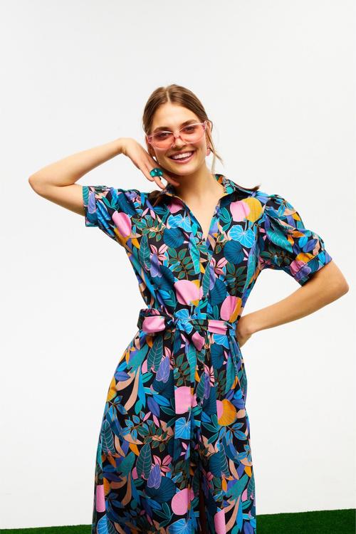  ÇİÇEK DESENLİ MİDİ GÖMLEK ELBİSE