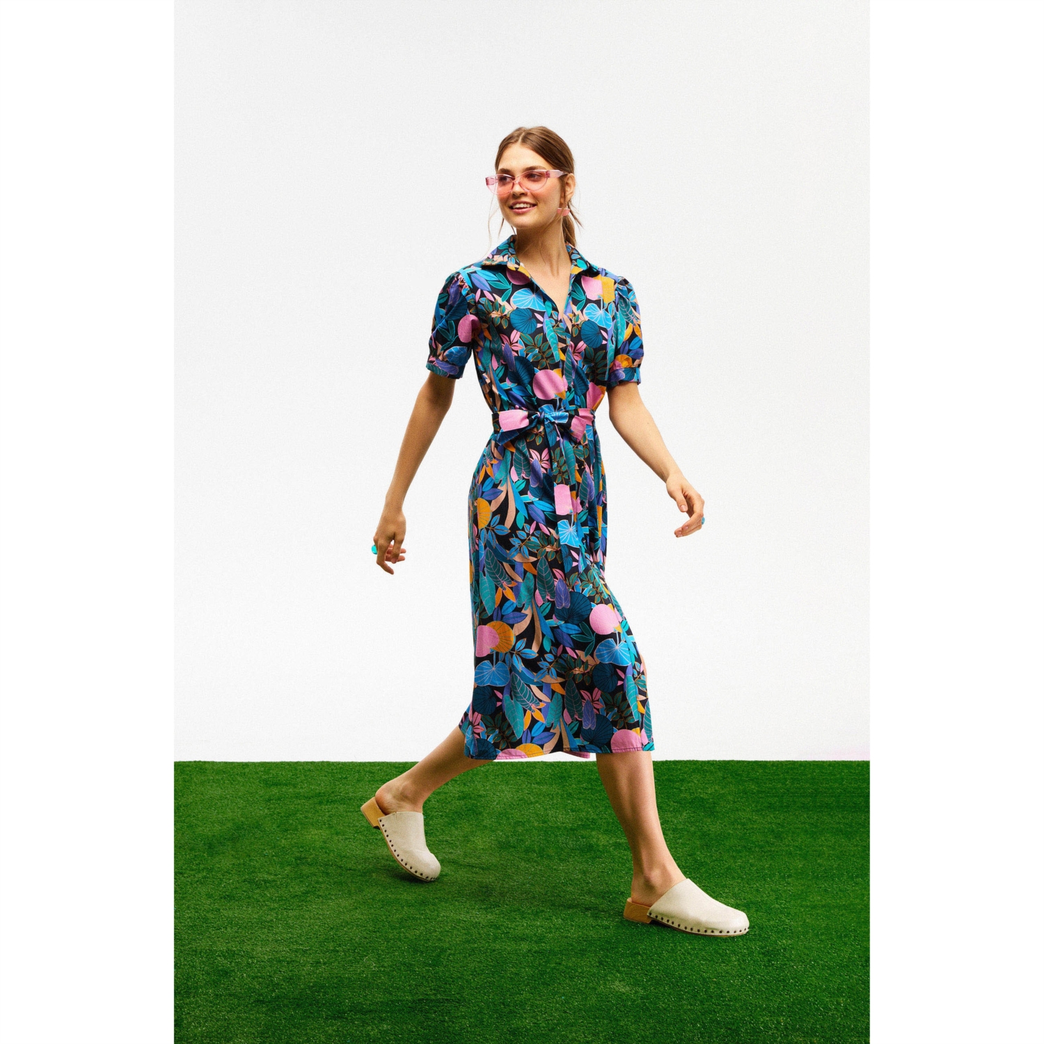 ÇİÇEK DESENLİ MİDİ GÖMLEK ELBİSE