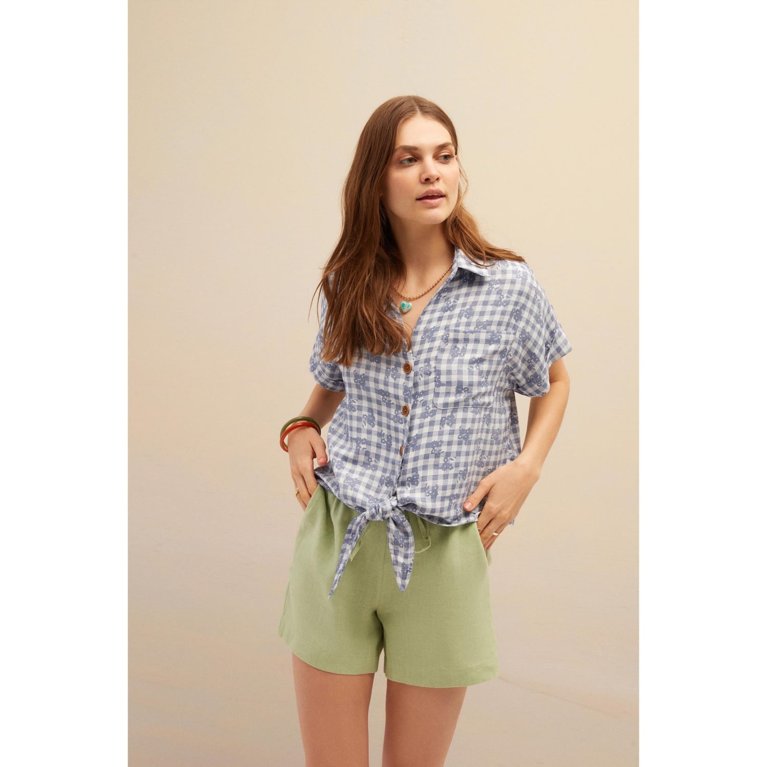 BELİ BAĞLAMALI DESENLİ GÖMLEK