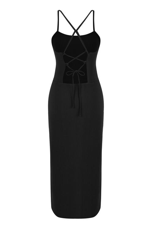  ÇAPRAZ ASKILI MİDİ DAR KESİM ELBİSE