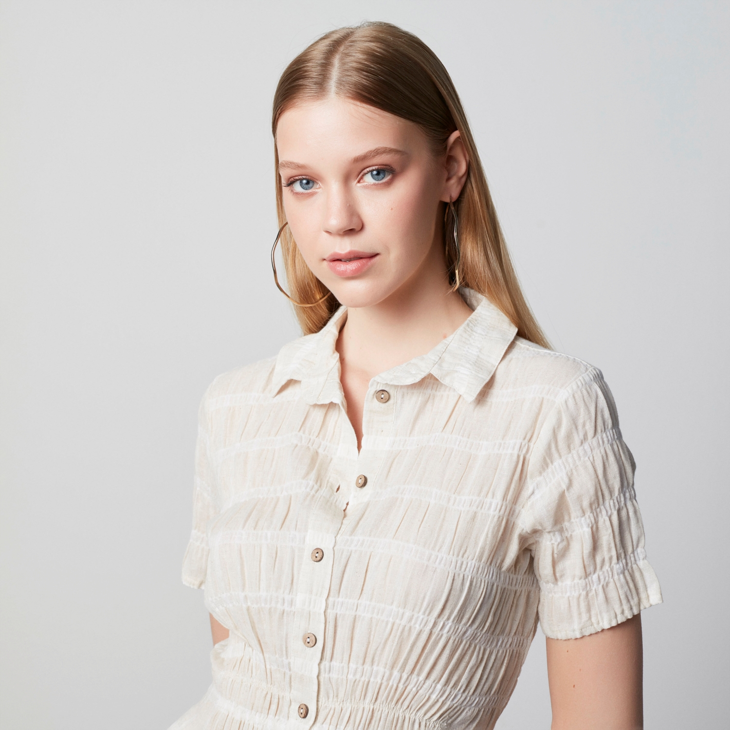 KETEN KARIŞIMLI KISA KOLLU MİDİ ELBİSE