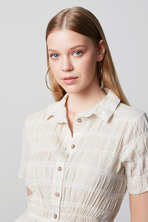  KETEN KARIŞIMLI KISA KOLLU MİDİ ELBİSE