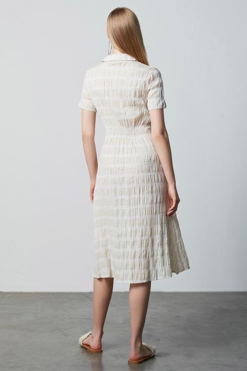  KETEN KARIŞIMLI KISA KOLLU MİDİ ELBİSE