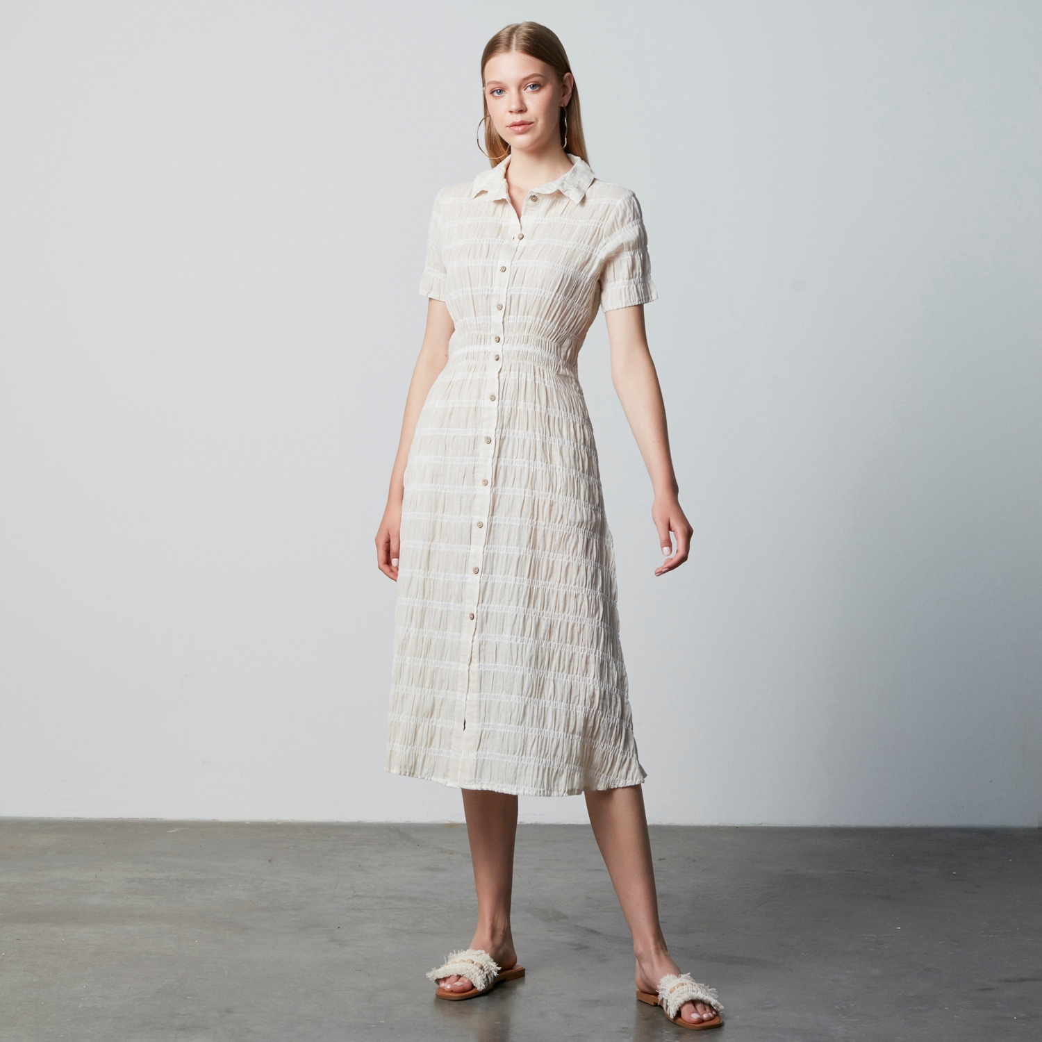 KETEN KARIŞIMLI KISA KOLLU MİDİ ELBİSE