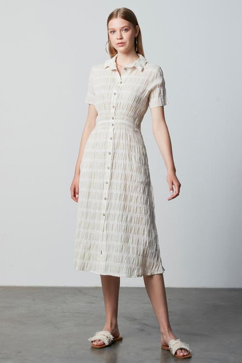  KETEN KARIŞIMLI KISA KOLLU MİDİ ELBİSE