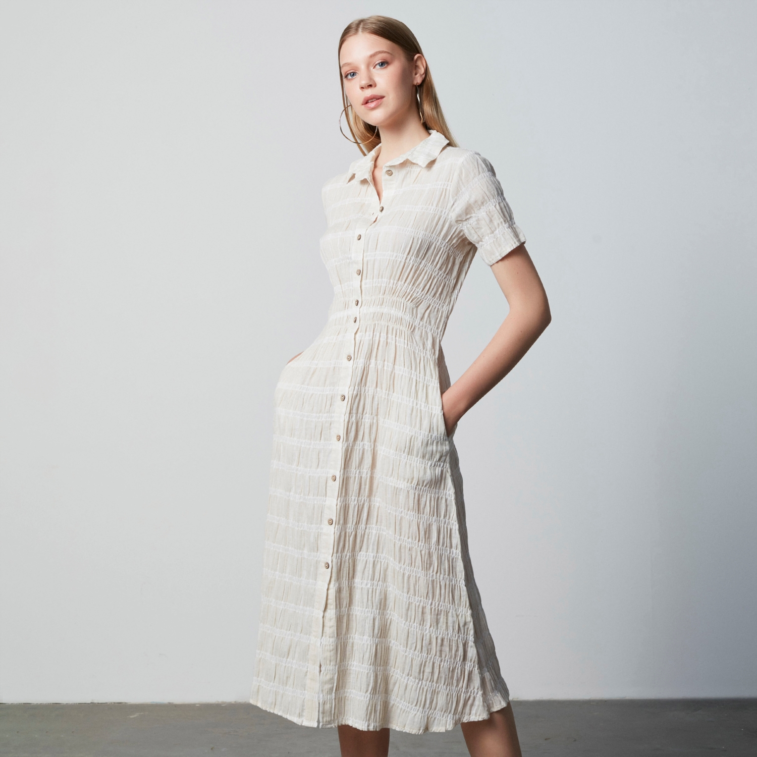 KETEN KARIŞIMLI KISA KOLLU MİDİ ELBİSE