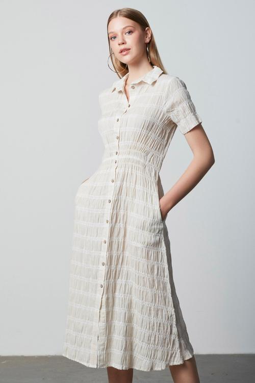  KETEN KARIŞIMLI KISA KOLLU MİDİ ELBİSE