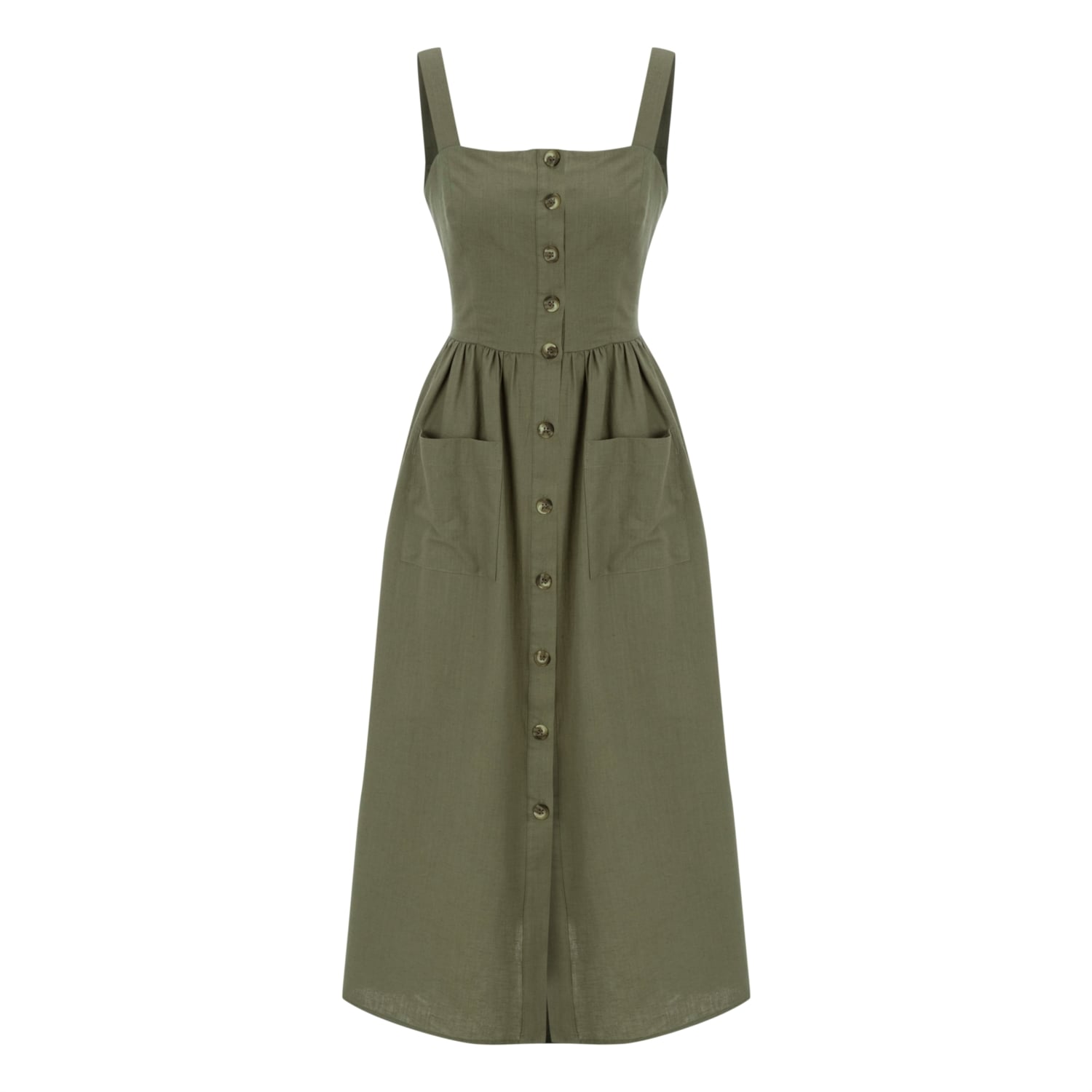 KETEN İÇERİKLİ DÜZ KESİM KOLSUZ MİDİ GÖMLEK ELBİSE