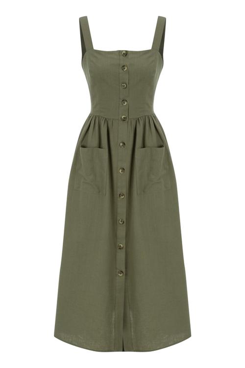  KETEN İÇERİKLİ DÜZ KESİM KOLSUZ MİDİ GÖMLEK ELBİSE