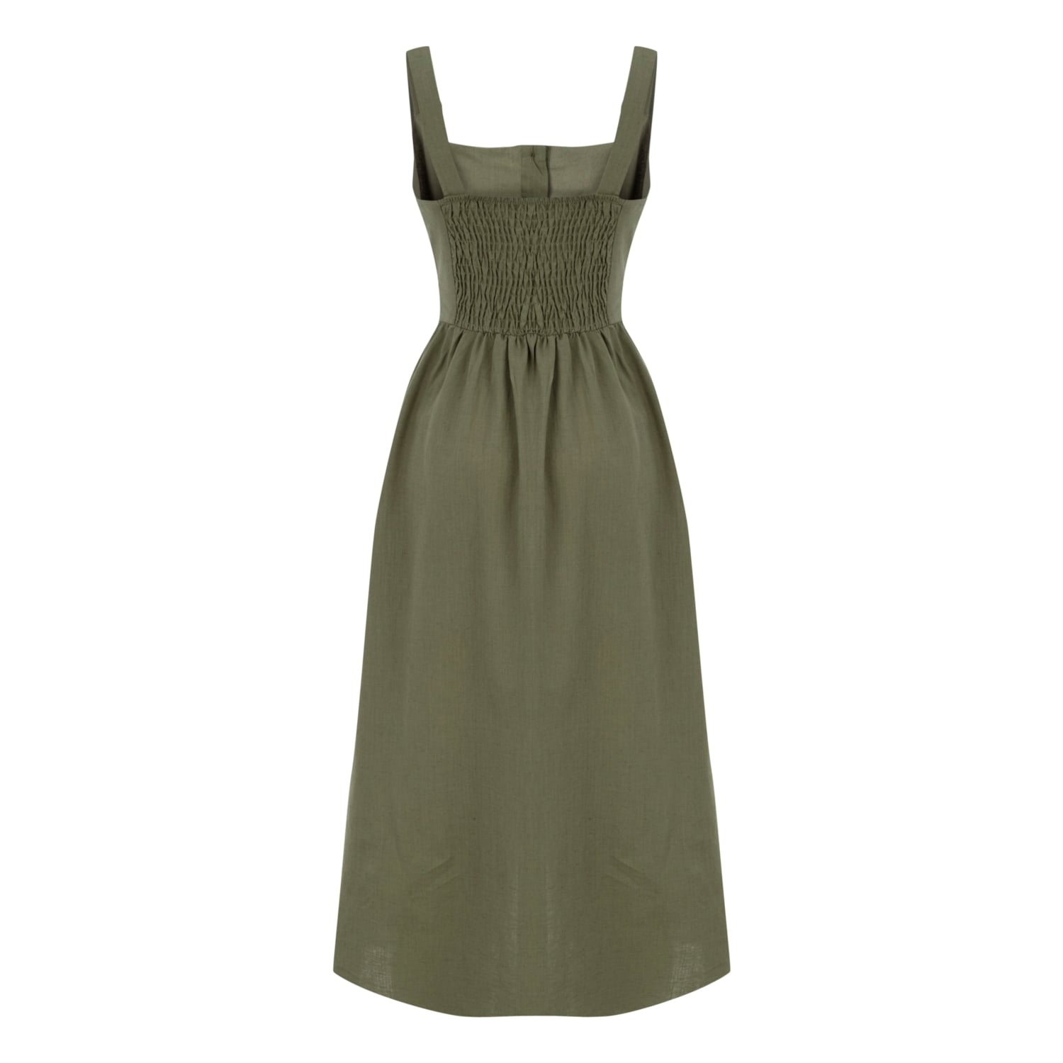 KETEN İÇERİKLİ DÜZ KESİM KOLSUZ MİDİ GÖMLEK ELBİSE