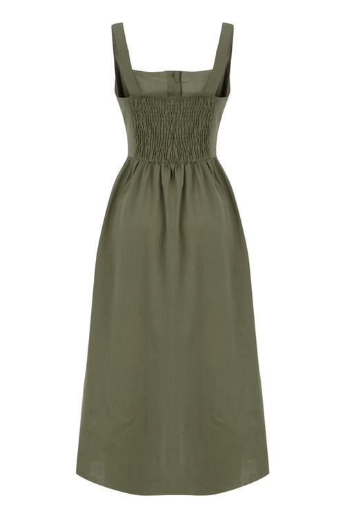  KETEN İÇERİKLİ DÜZ KESİM KOLSUZ MİDİ GÖMLEK ELBİSE