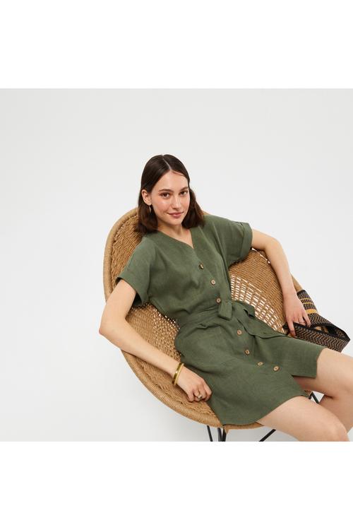  BELİ KUŞAKLI KISA KOLLU KETEN GÖMLEK ELBİSE