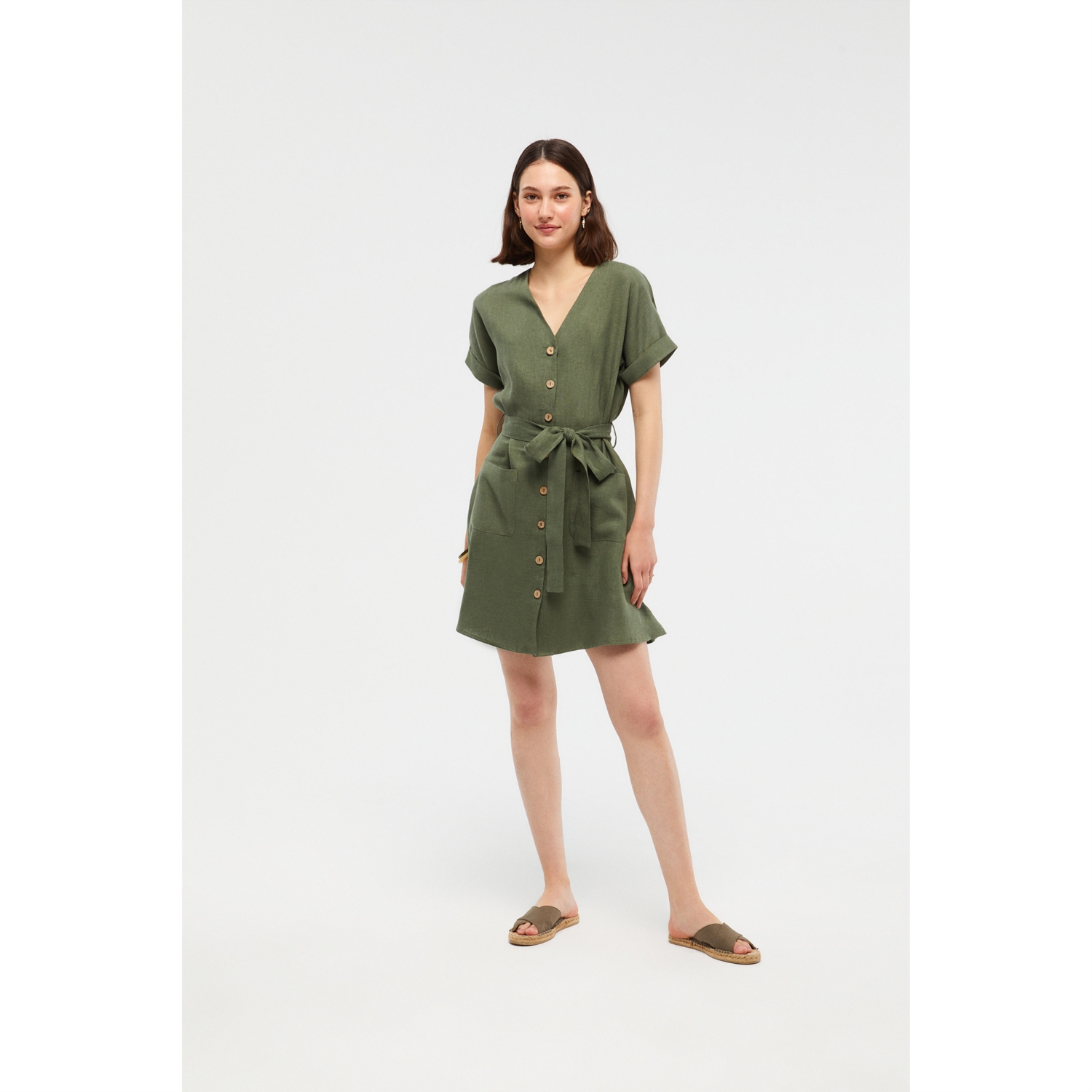 BELİ KUŞAKLI KISA KOLLU KETEN GÖMLEK ELBİSE