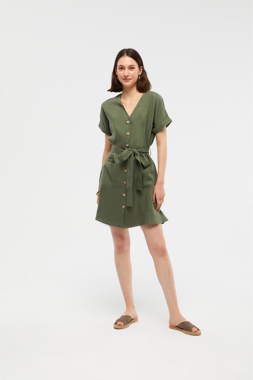  BELİ KUŞAKLI KISA KOLLU KETEN GÖMLEK ELBİSE