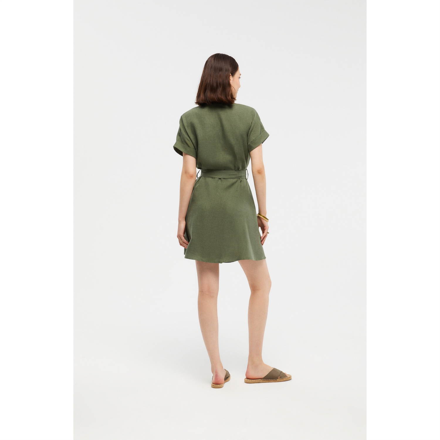 BELİ KUŞAKLI KISA KOLLU KETEN GÖMLEK ELBİSE