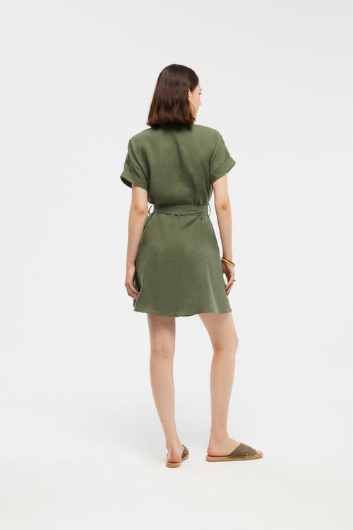  BELİ KUŞAKLI KISA KOLLU KETEN GÖMLEK ELBİSE