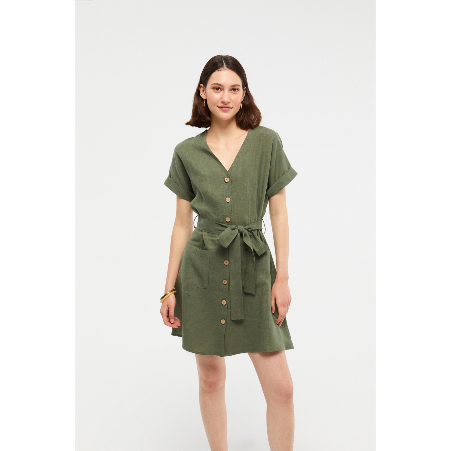 BELİ KUŞAKLI KISA KOLLU KETEN GÖMLEK ELBİSE