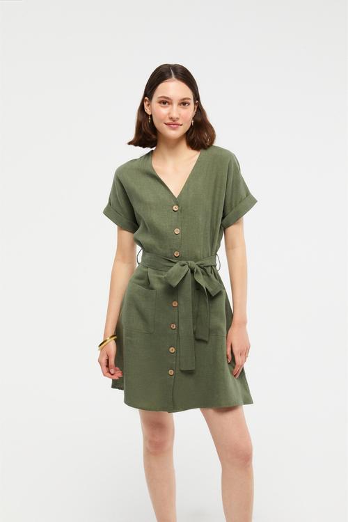  BELİ KUŞAKLI KISA KOLLU KETEN GÖMLEK ELBİSE