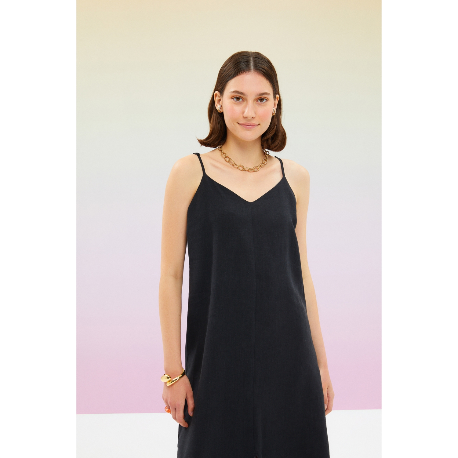 YIRTMAÇLI ASKILI KETEN MİDİ ELBİSE