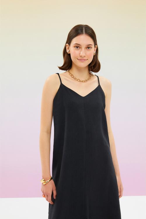  YIRTMAÇLI ASKILI KETEN MİDİ ELBİSE