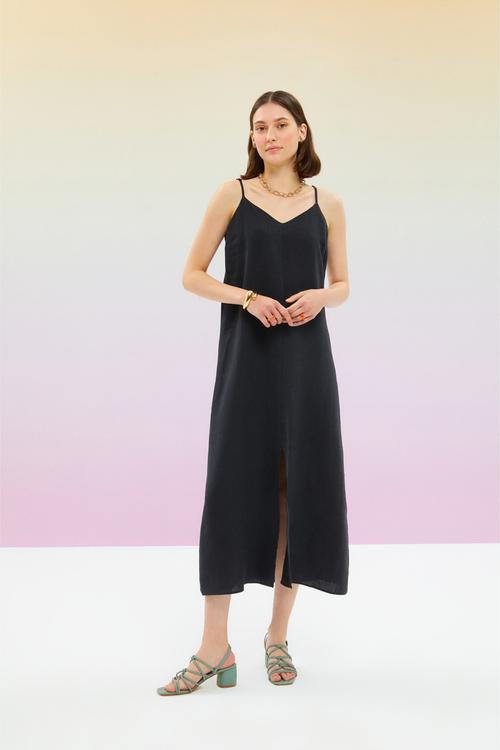  YIRTMAÇLI ASKILI KETEN MİDİ ELBİSE