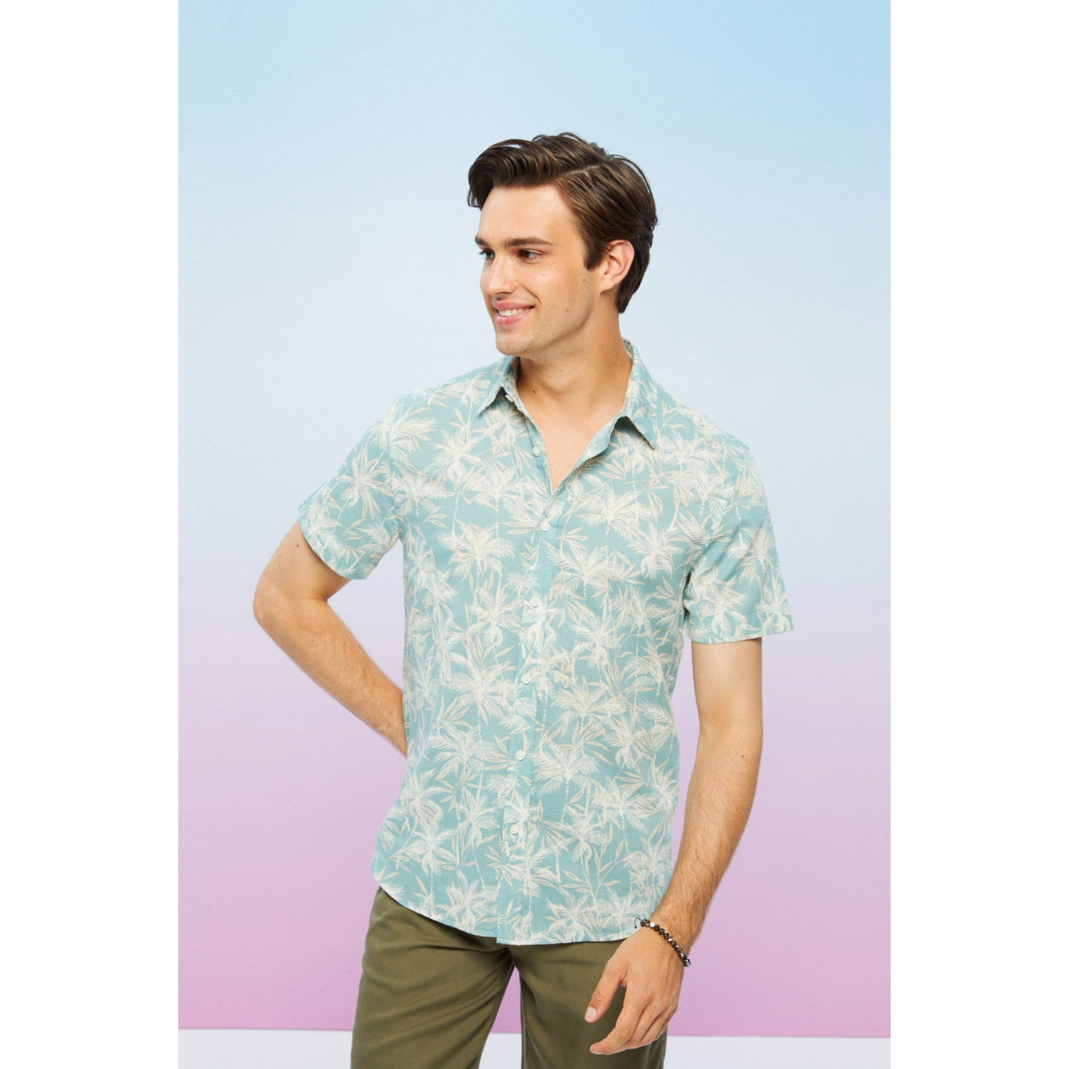 PALMİYE DESENLİ KISA KOLLU REGULAR FIT GÖMLEK