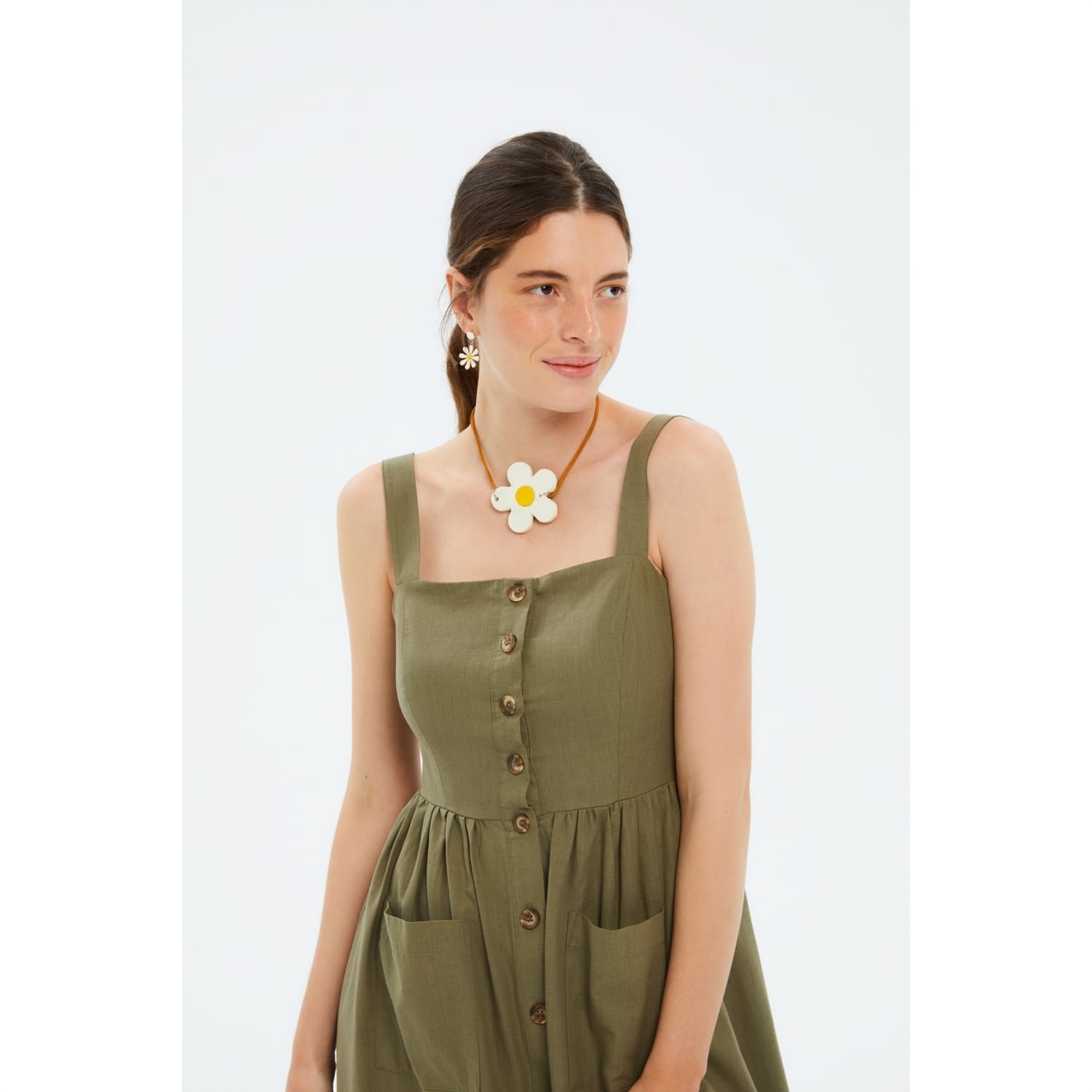 KETEN İÇERİKLİ DÜZ KESİM KOLSUZ MİDİ GÖMLEK ELBİSE