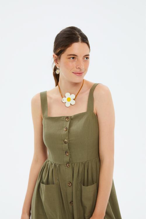  KETEN İÇERİKLİ DÜZ KESİM KOLSUZ MİDİ GÖMLEK ELBİSE