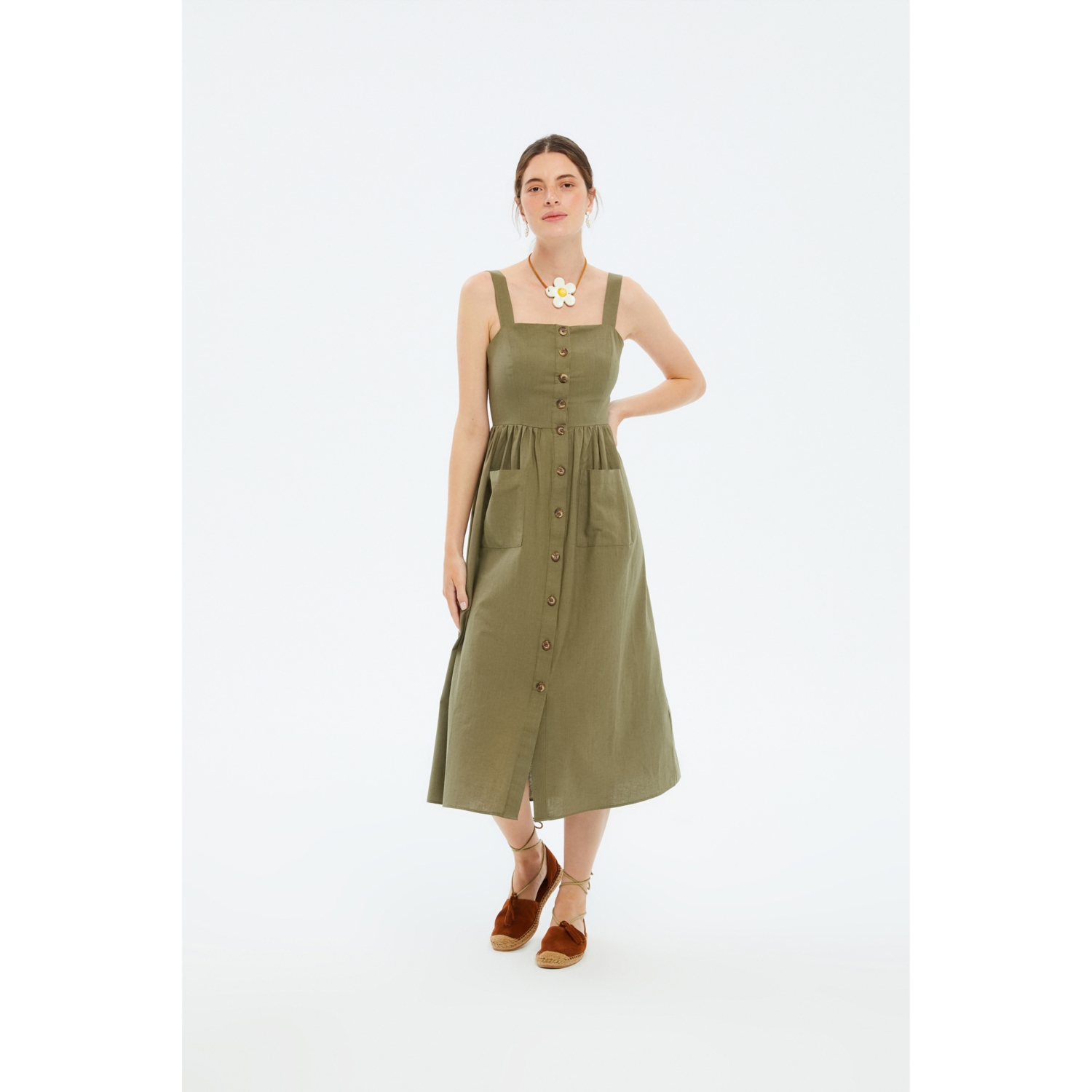 KETEN İÇERİKLİ DÜZ KESİM KOLSUZ MİDİ GÖMLEK ELBİSE