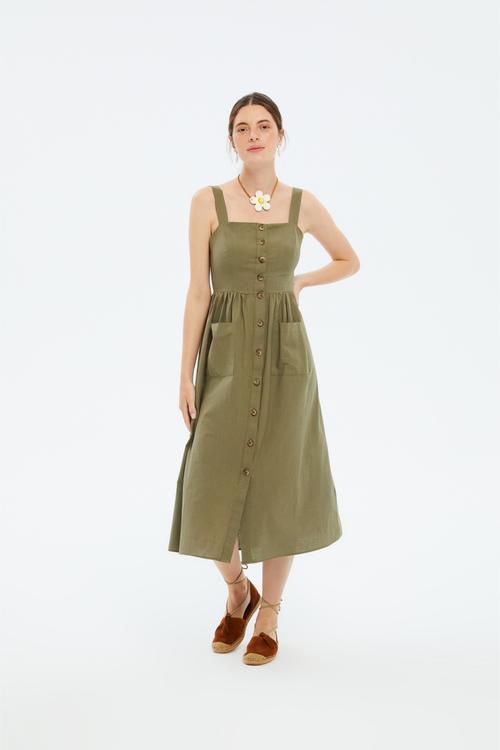  KETEN İÇERİKLİ DÜZ KESİM KOLSUZ MİDİ GÖMLEK ELBİSE