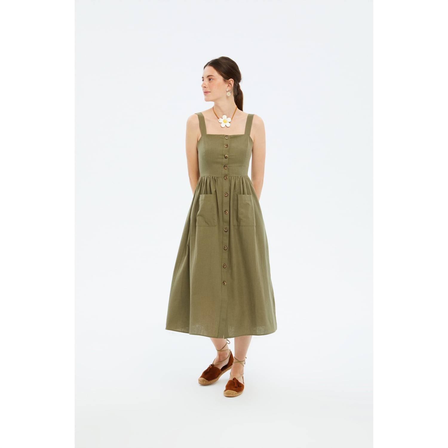 KETEN İÇERİKLİ DÜZ KESİM KOLSUZ MİDİ GÖMLEK ELBİSE